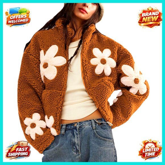 Jackets & Blazers - Oversized Sherpa Fleece Jacket Floral Print Zipper Cropped Coat Casual Long